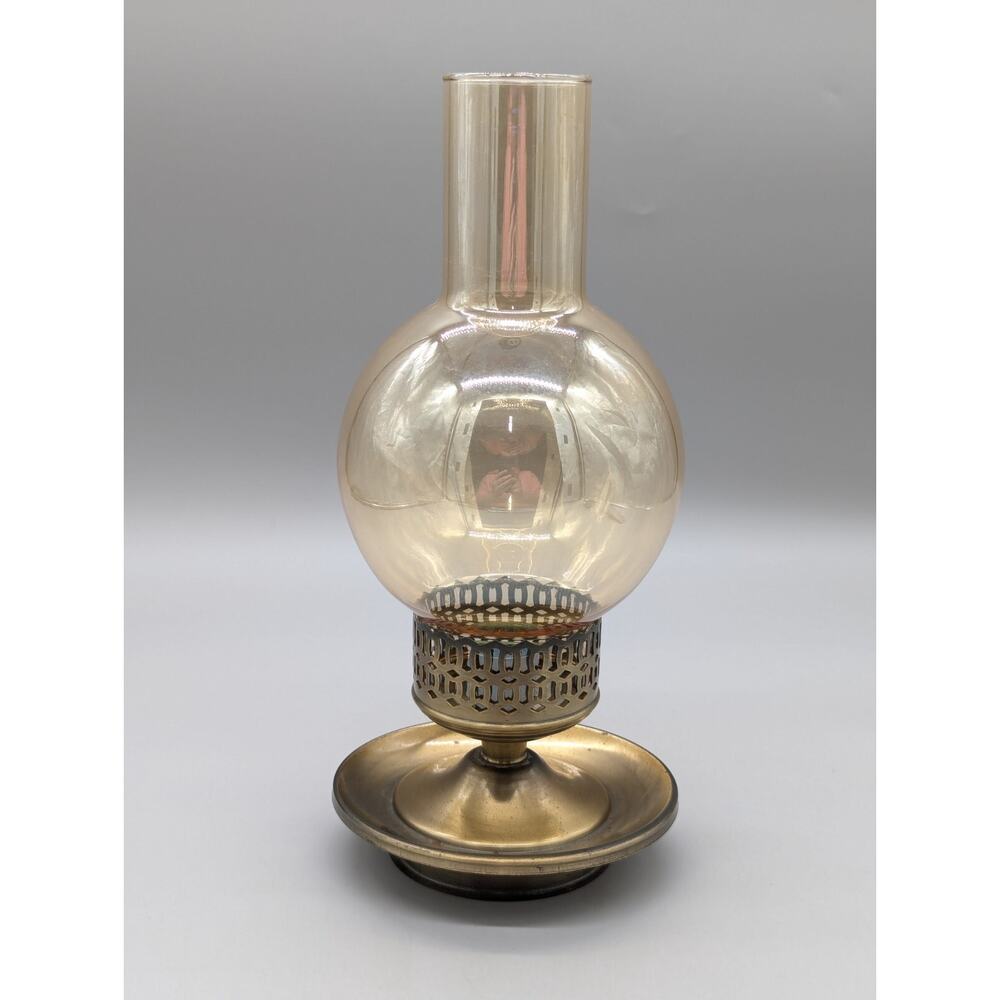 Vintage Brass Base Amber Glass Hurricane Candle Holder 11”